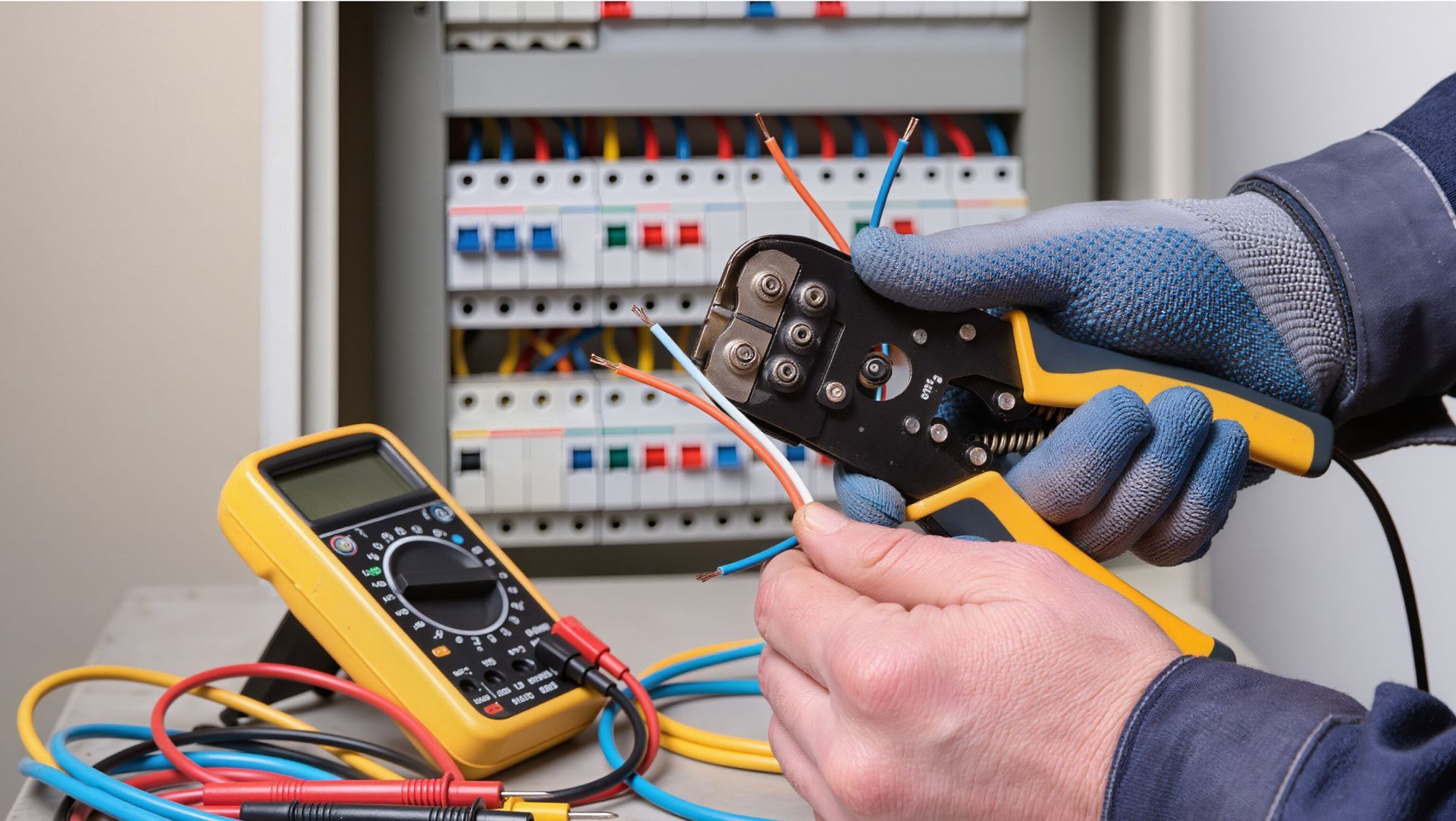 An electrician working in electrical panel. An electrician working in electrical panel.