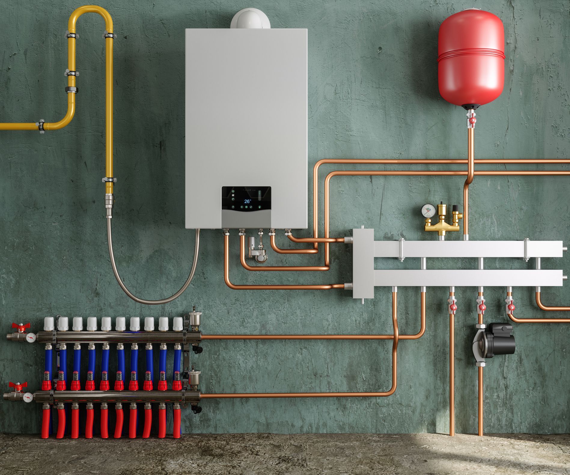 Heating system installation with boiler, pipes, valves, and expansion tank against a textured wall.