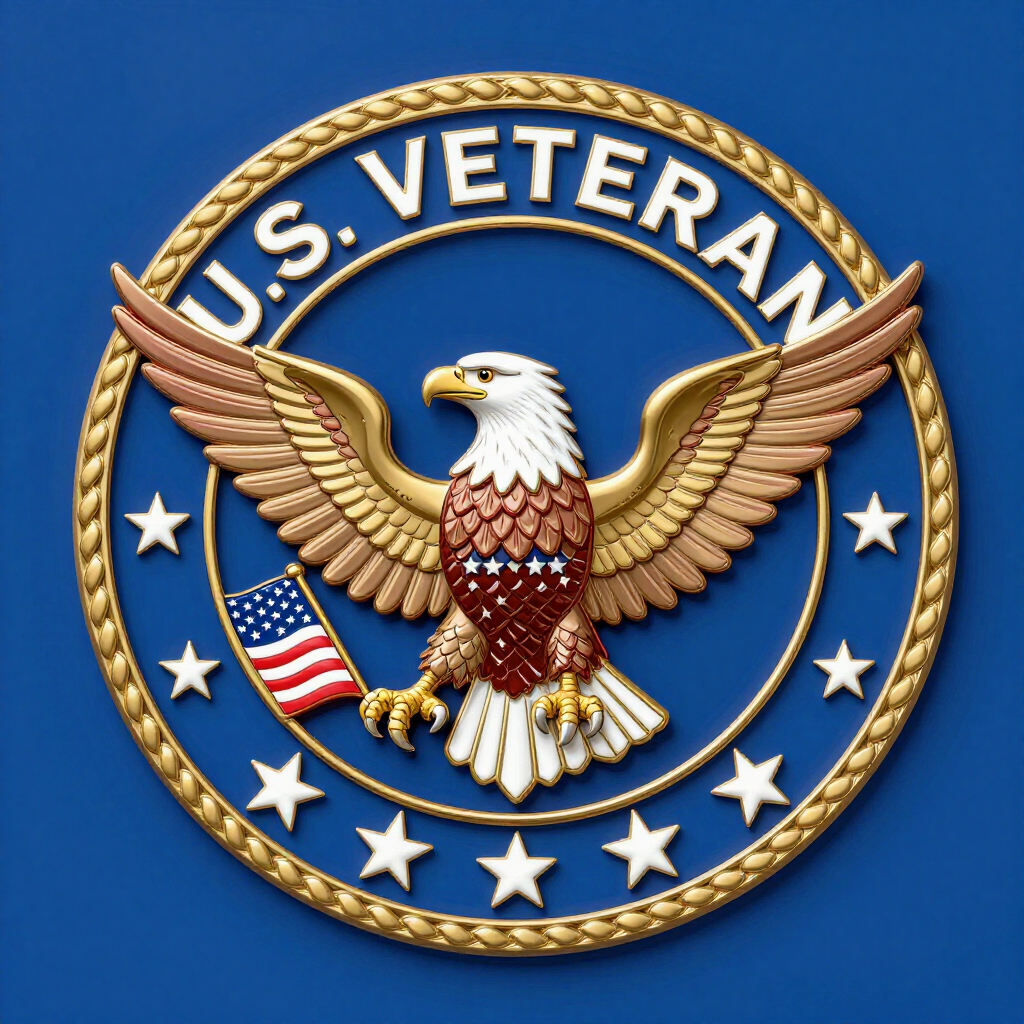 U.S. Veteran emblem with an eagle, American flag, stars, and rope border on a blue background