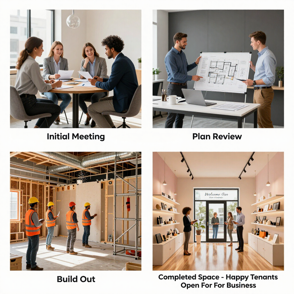 Four-panel office project process: initial meeting, plan review, build out, and completed tenant space.