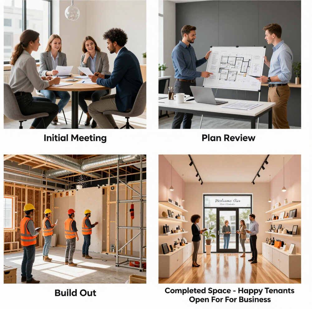 Four-panel office buildout: meeting, plan review, construction, and completed tenant-ready storefront.