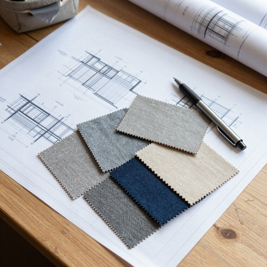 Fabric swatches, pen, and architectural blueprints on a wooden desk