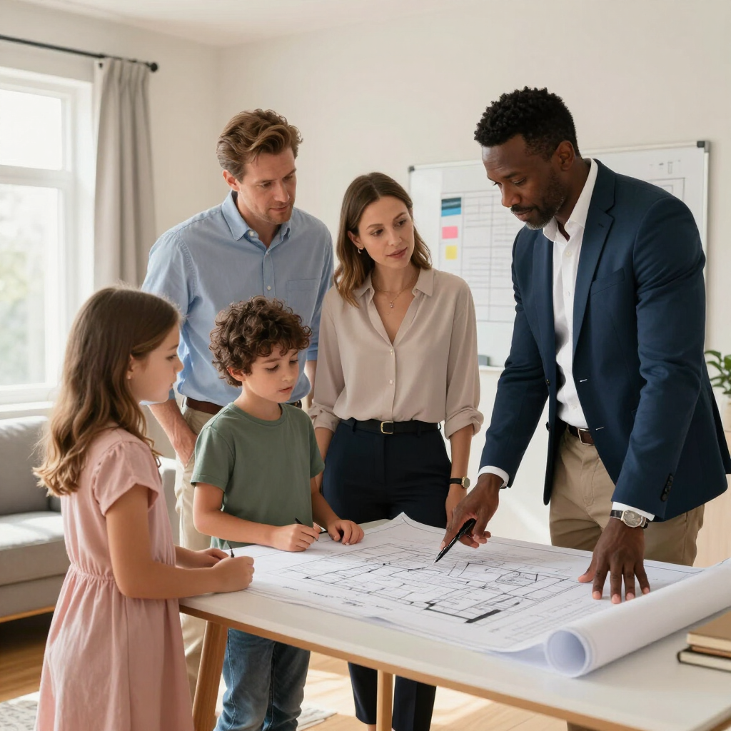 Team reviewing floor plans on a table in a bright office, with a rolled blueprint and whiteboard nearby