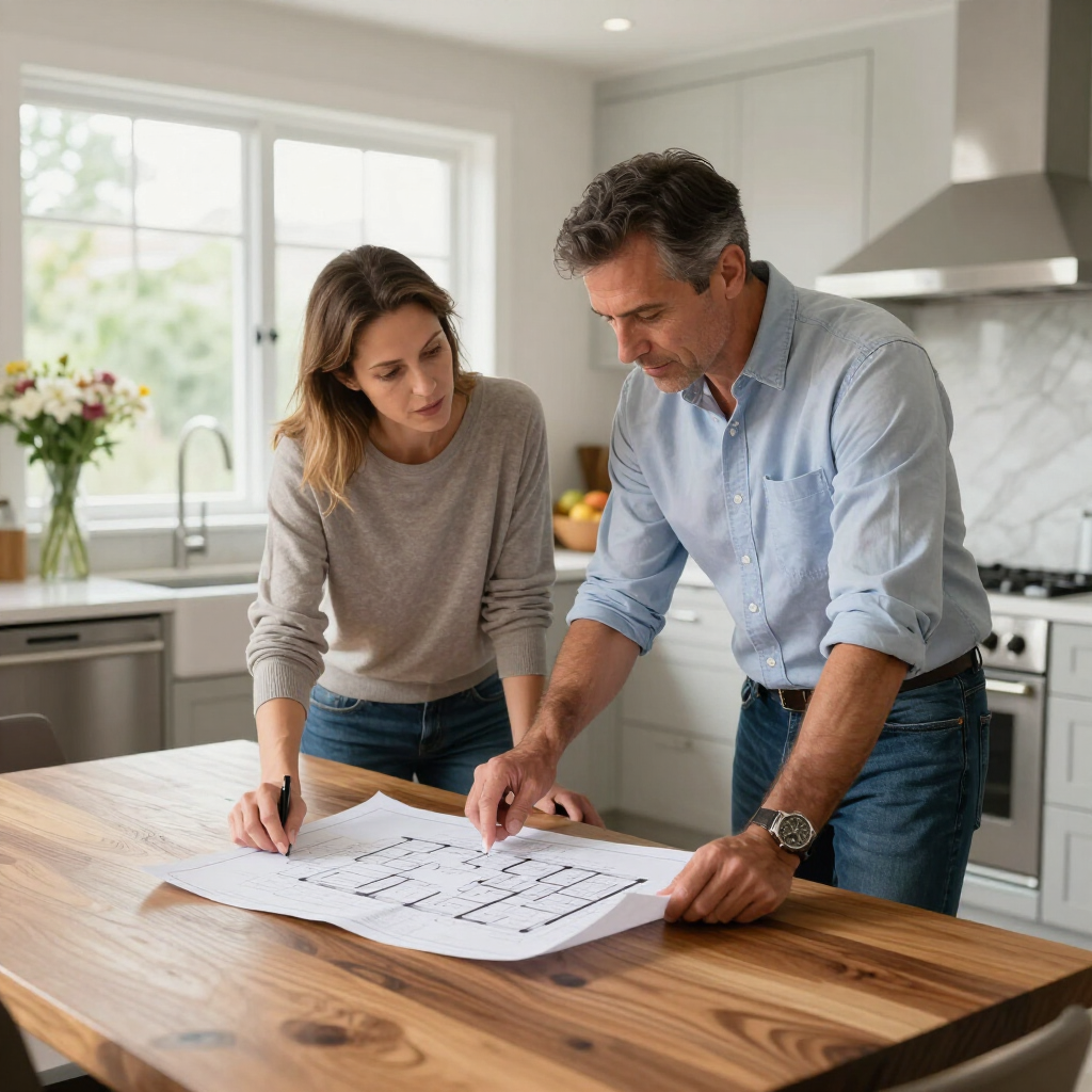 Two people reviewing papers at a kitchen island in a bright modern kitchen