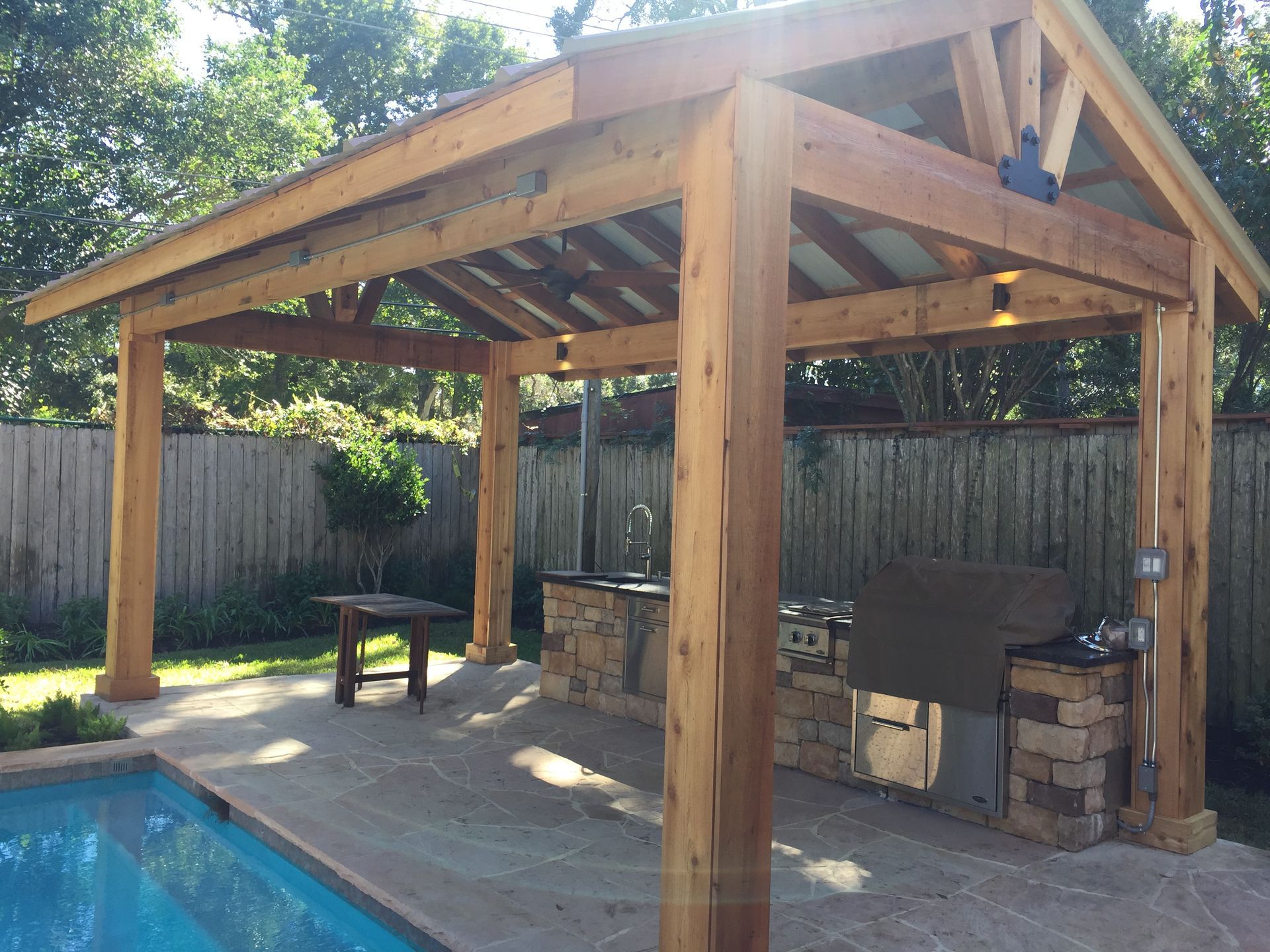 Covered backyard patio with wooden posts, stone barbecue, and a pool beside a fenced yard