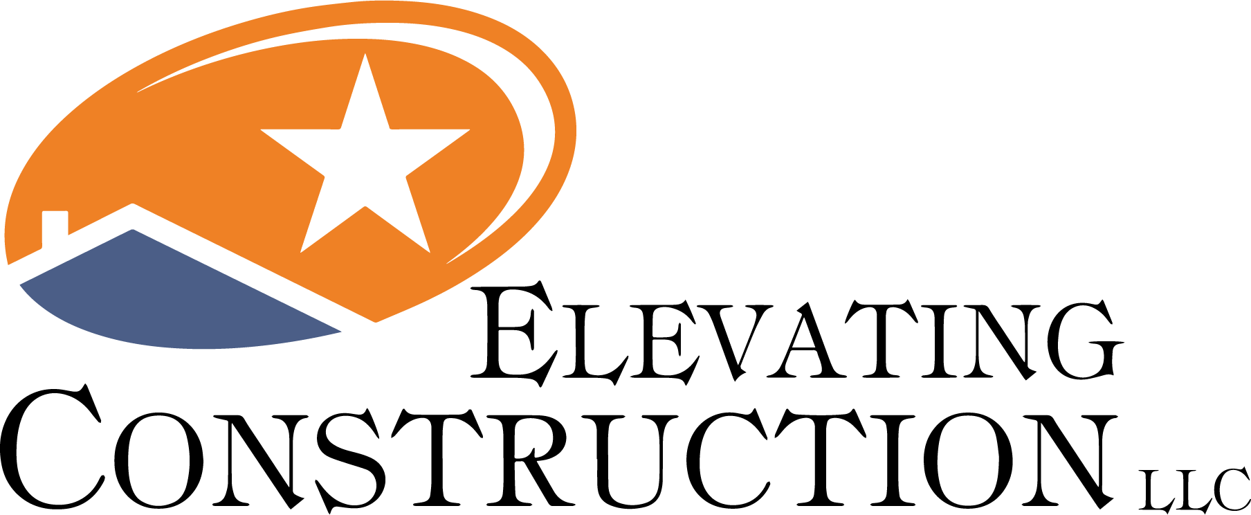 Elevating Construction LLC logo with orange and blue house roof icon and star