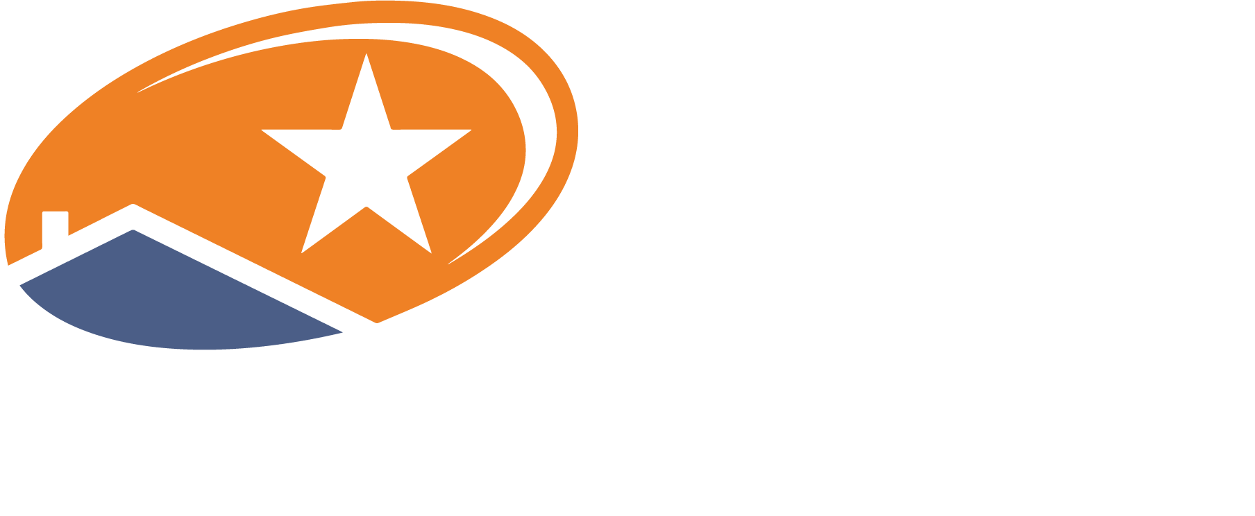 Orange and blue logo with a white star and curved swoosh