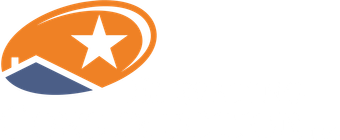 Orange and blue logo with a white star and curved swoosh