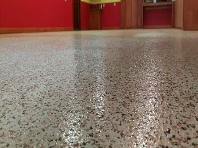 Low-angle view of a speckled terrazzo floor in a red-walled indoor hallway with doors in the background