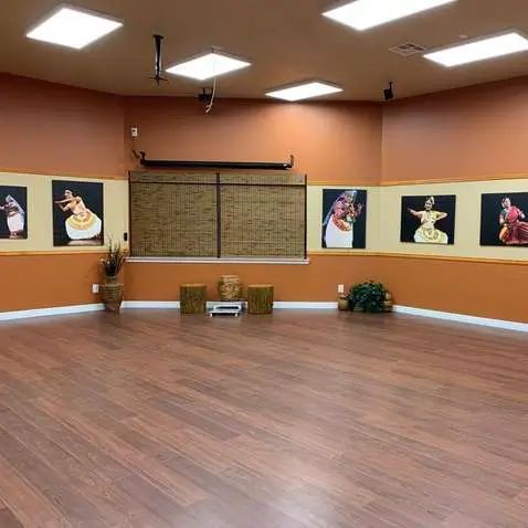 Empty dance studio with wood floor, orange walls, framed art, and ceiling lights