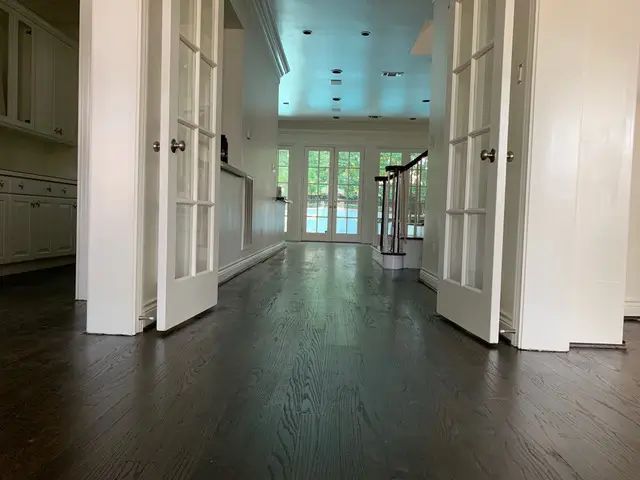 Bright hallway with dark wood floors, white walls, open double doors, and glass doors at the far end.