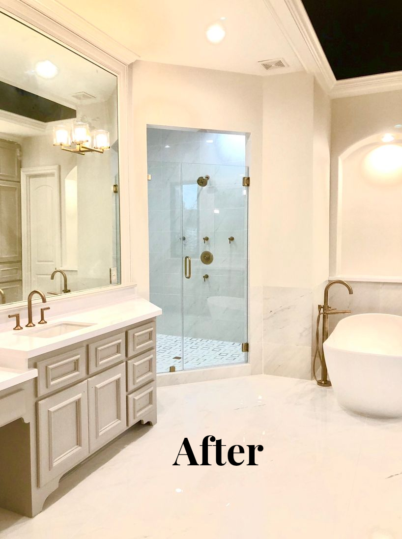 Bright white bathroom with vanity, mirror, and glass shower; labeled “After”