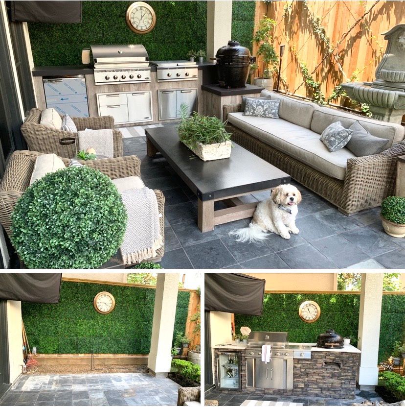 Outdoor patio with wicker seating, grill, coffee table, and a small dog on a gray rug