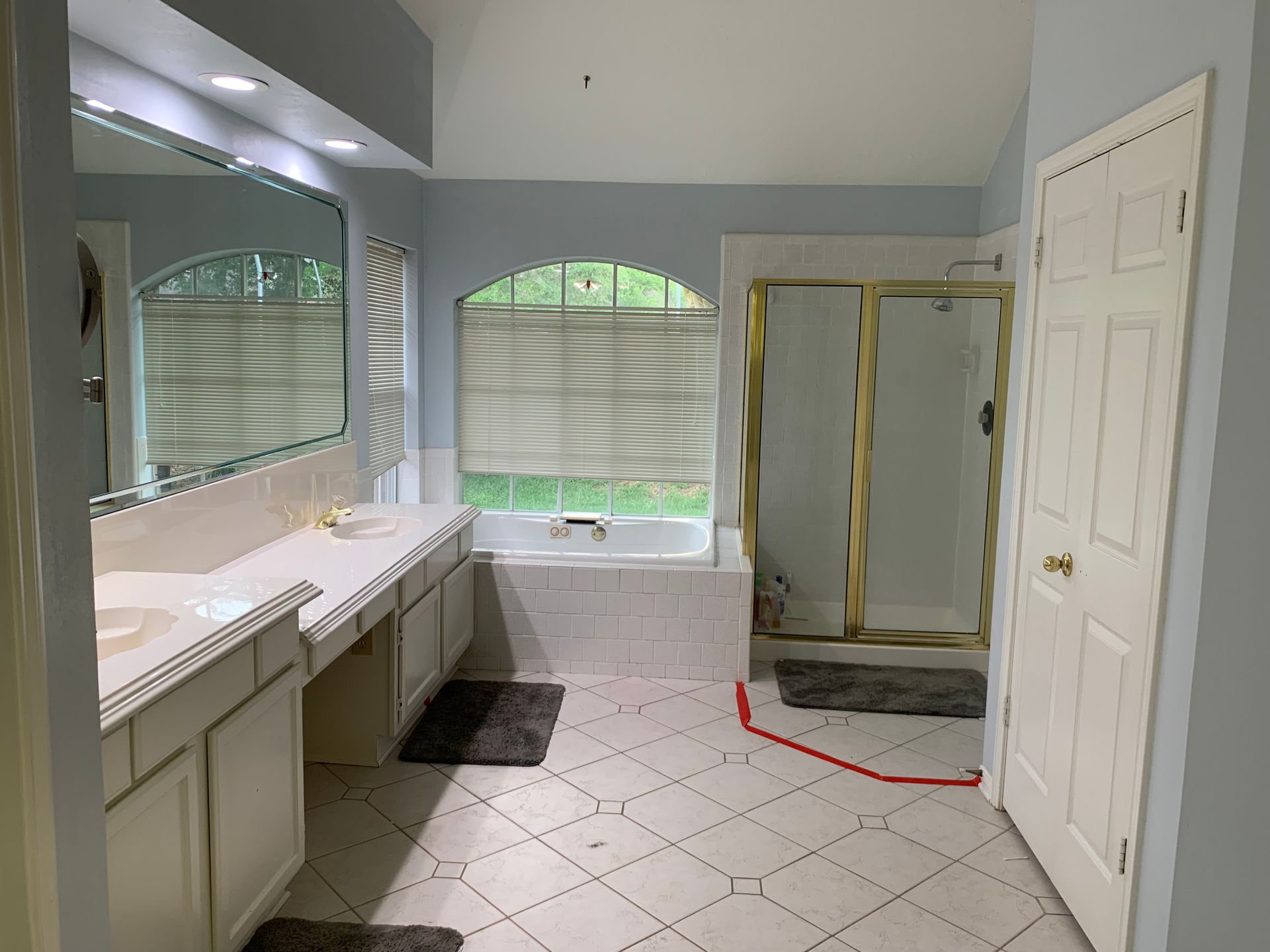 Bright bathroom with vanity, windows, bathtub, and glass shower door; red line marks floor edge.