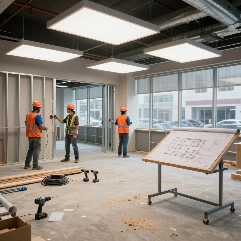 Construction workers in orange vests inside a bright office under renovation