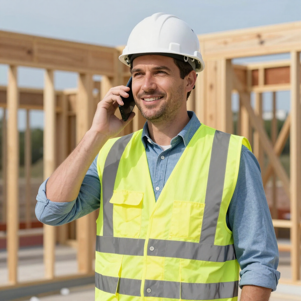 Construction worker in a white hard hat and neon vest talking on a phone at a building site