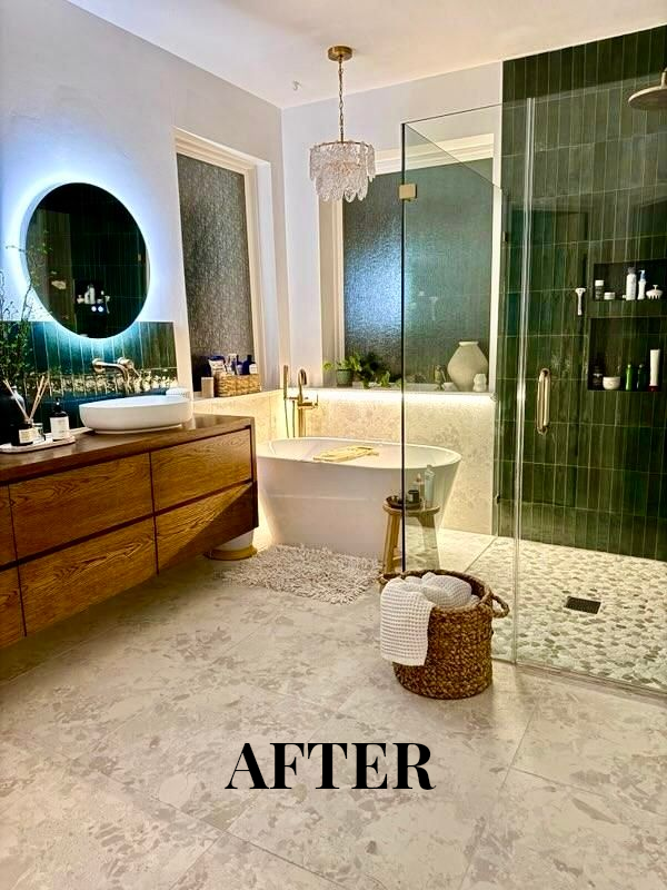 Modern bathroom with freestanding tub, glass shower, vanity, and wicker basket labeled “AFTER”
