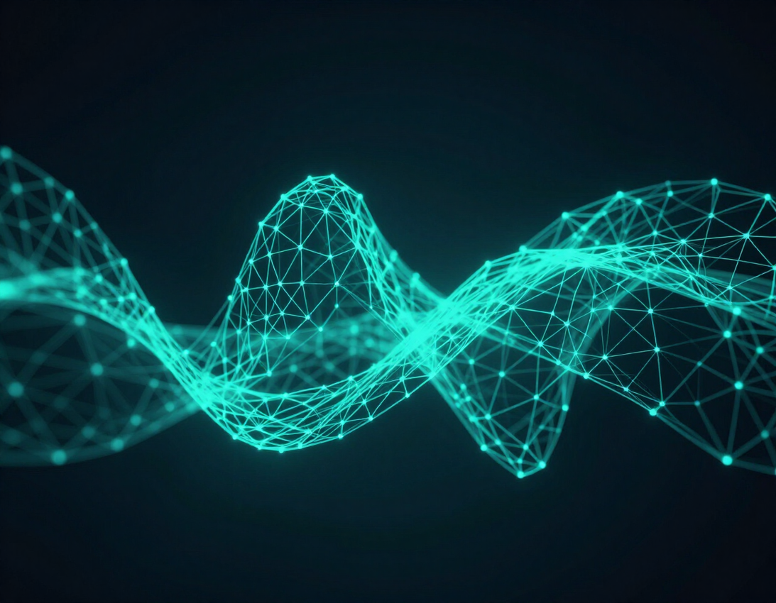 Abstract turquoise digital wave made of glowing wireframe nodes on a dark background