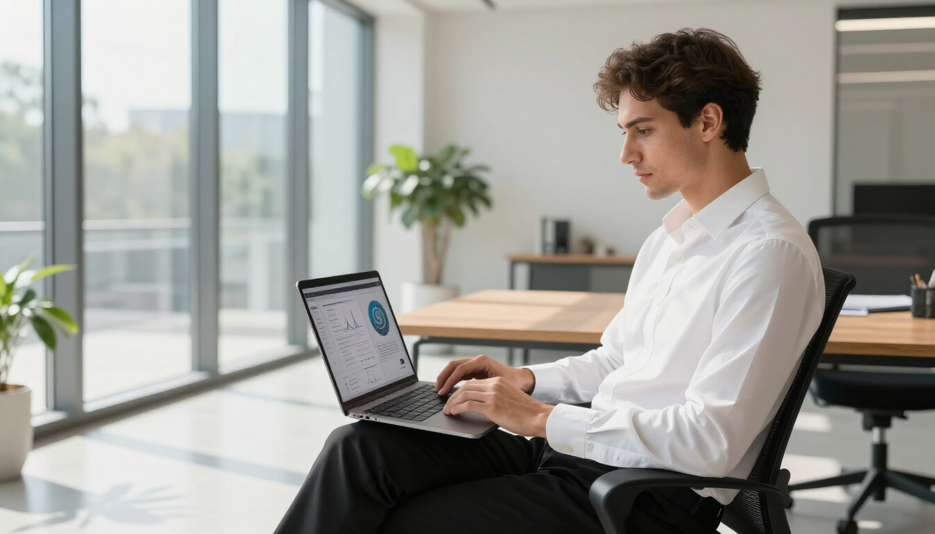 A professional learning AI on a laptop in a modern, bright office environment.