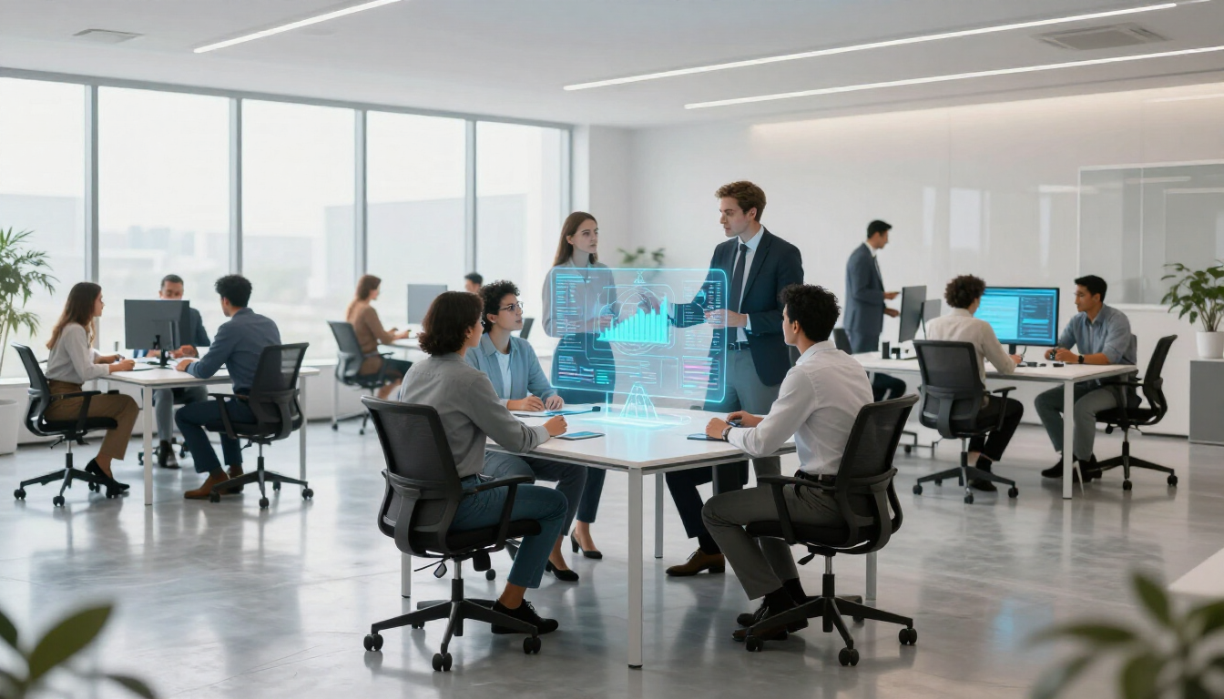 Modern office with futuristic data visualizations representing AI benefits for organizations.