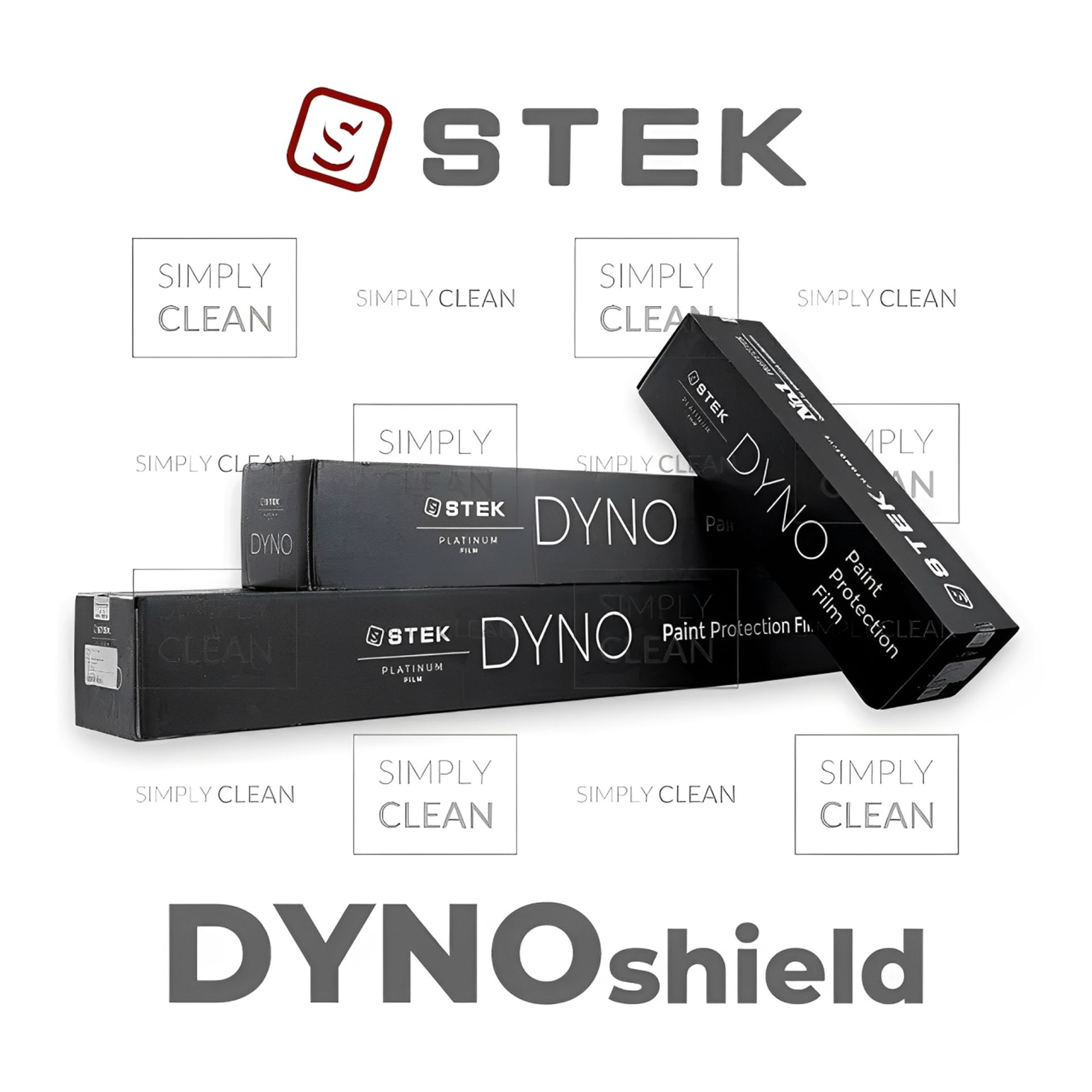 STEK DYNOshield black car protection film boxes with Simply Clean logos on a white background