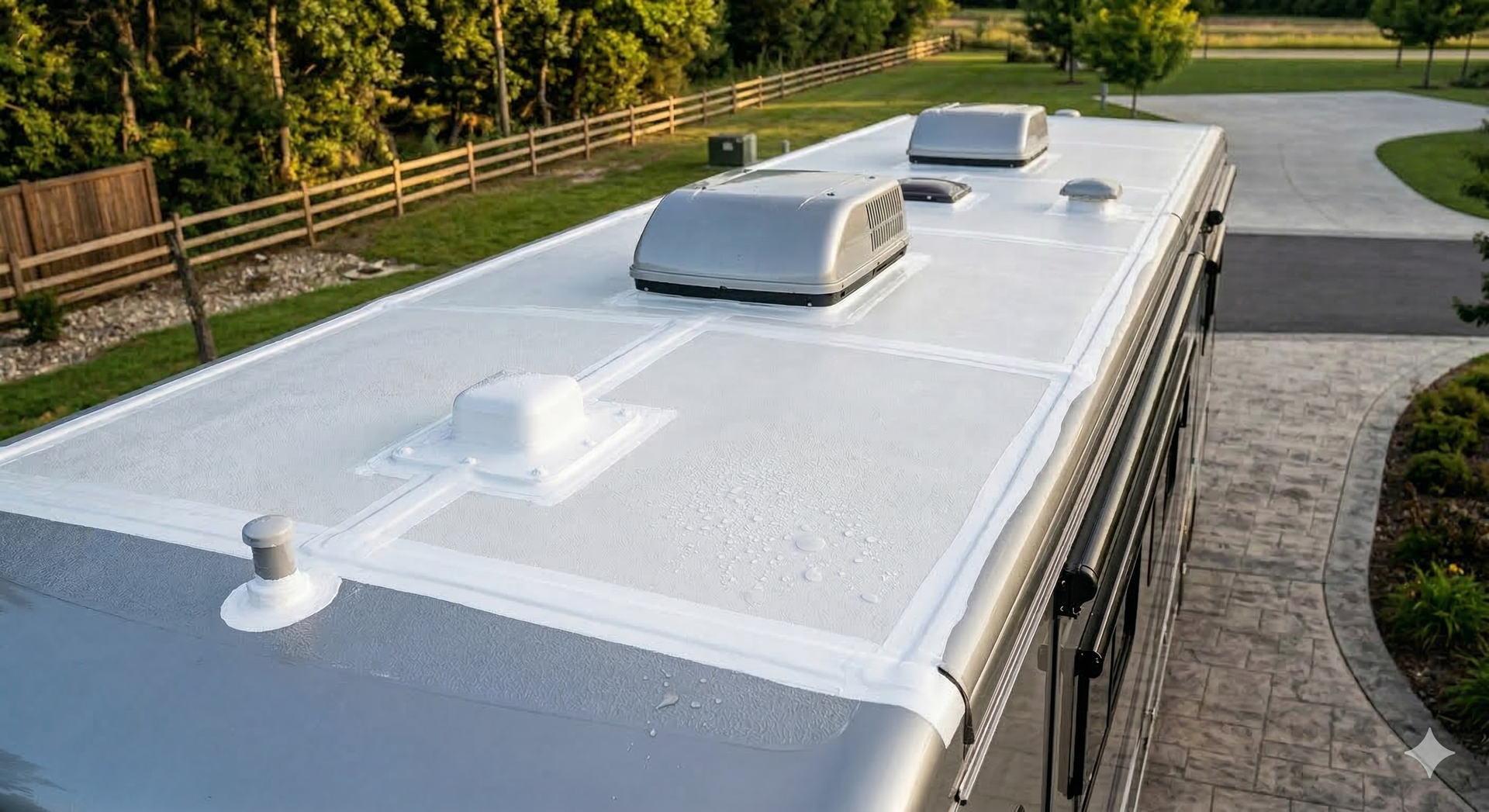 White RV roof with two rooftop vents and a skylight, seen from above in a sunny yard