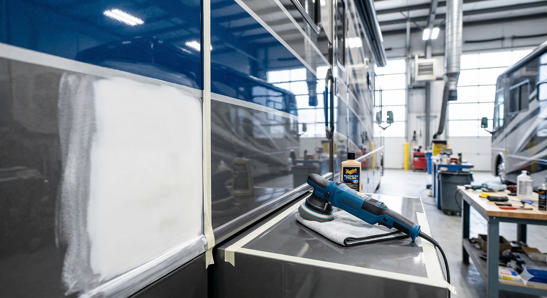 Industrial workshop with a worker spraying blue coating onto a large white panel