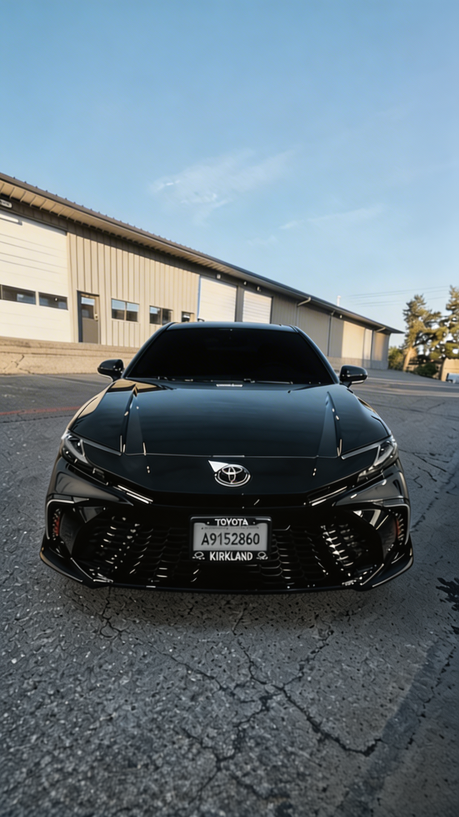 Black sports car parked on cracked pavement in front of an industrial building at dusk