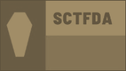 Tan and brown rectangular graphic with coffin shape and 