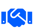 A blue icon of two hands shaking each other on a white background.