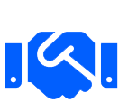 A blue icon of two hands shaking each other on a white background.