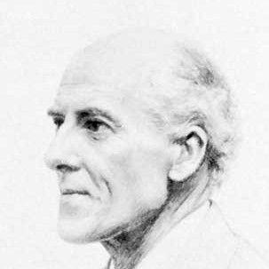 It is a black and white drawing of a man 's face.
