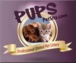 Logo: Pups pet sitting service with dog and cat; gold banner says "Professional United Pet Sitters".