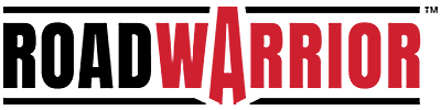 A red and black logo for road warrior on a white background