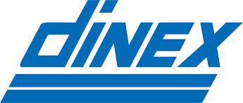 A blue and white logo for dinex on a white background
