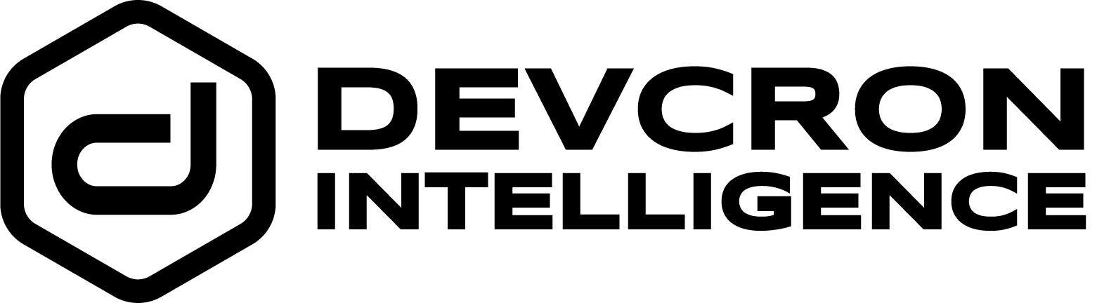 A black and white logo for devcron intelligence.