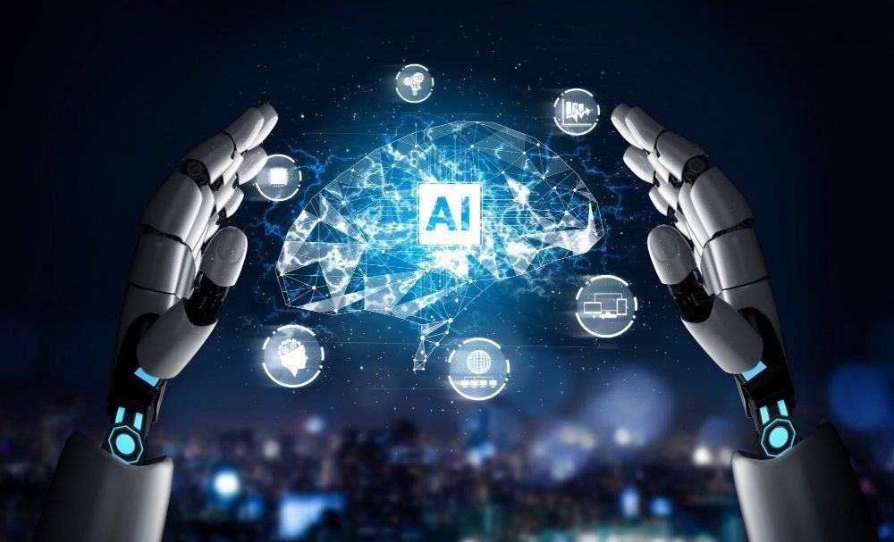A robotic hand is holding a virtual brain with ai icons coming out of it.