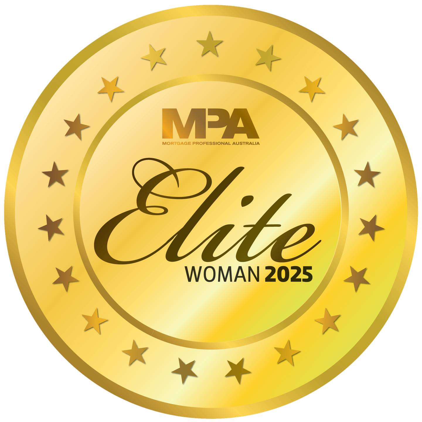 Gold medallion with "MPA Elite Woman 2025" text, surrounded by stars.