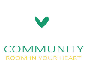 Green heart above the word COMMUNITY, below it says ROOM IN YOUR HEART.
