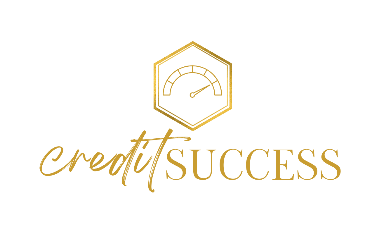 Gold logo for Credit Success: hexagon with gauge icon, script text.
