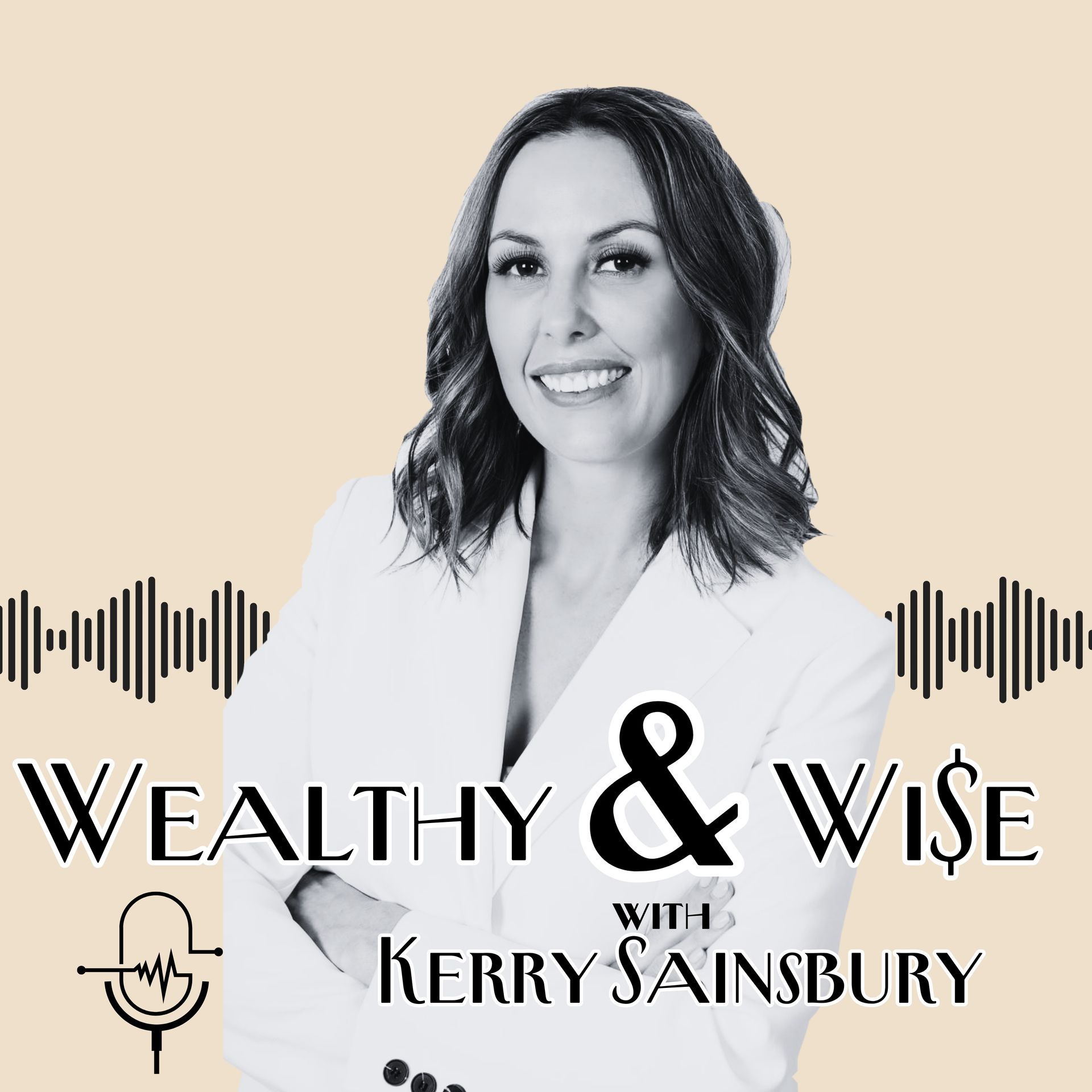 Podcast logo: Woman in white suit smiling,