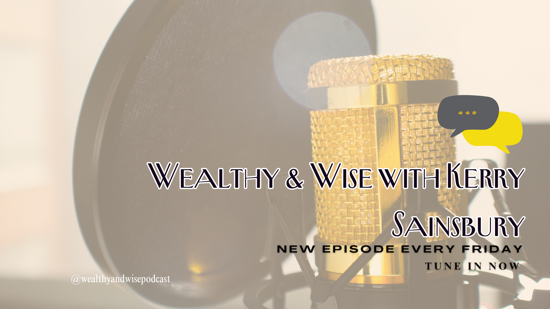 Podcast logo: Gold microphone with pop filter, text