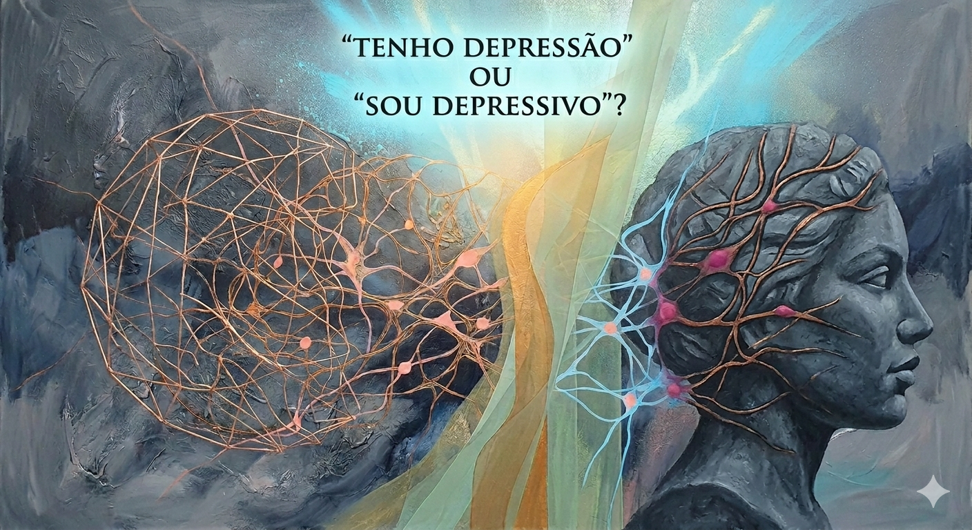 Ilustração abstrata mostrando a transição de um estado mental denso para um espaço leve e luminoso.