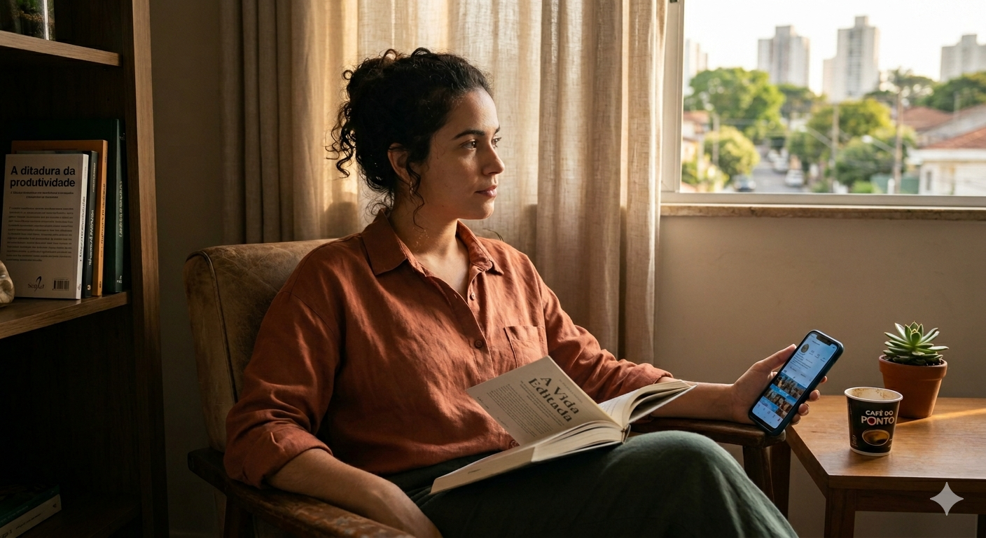 Mulher pensativa lendo livro e segurando celular, simbolizando o equilíbrio entre o real e o digital