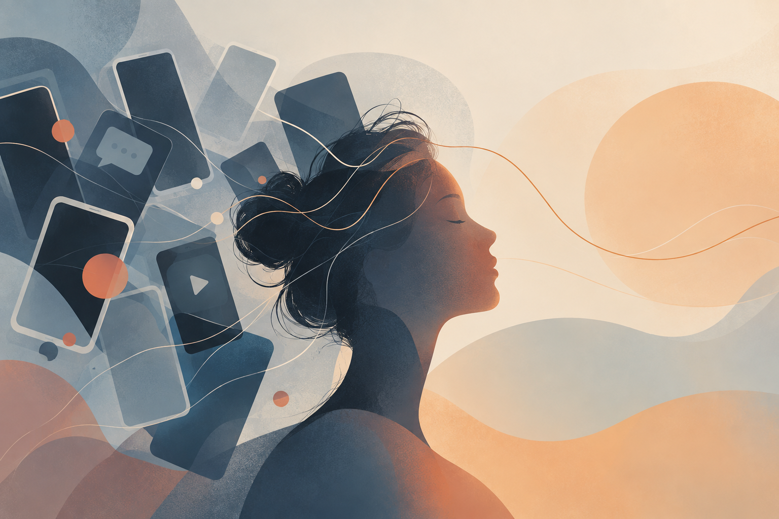 Ilustração de perfil sereno em contraste com notificações de telas, simbolizando atenção e clareza 