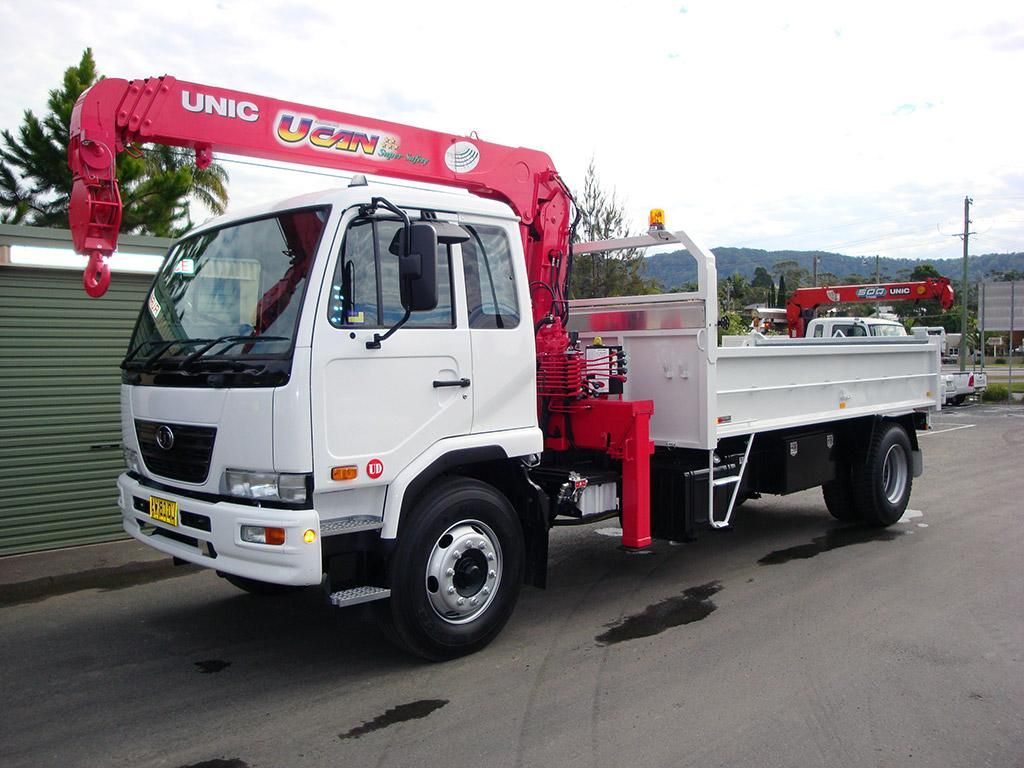 A White Truck With a Red Crane on Top of It — Advanced Industry Training In South Townsville, QLD