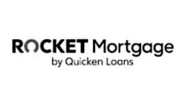 The logo for rocket mortgage by quicken loans is black and white.