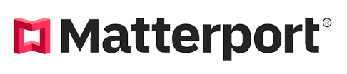 A red and black matterport logo on a white background