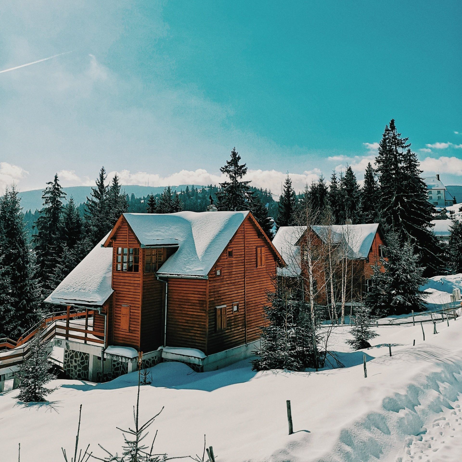 A wooden house is surrounded by snow and trees