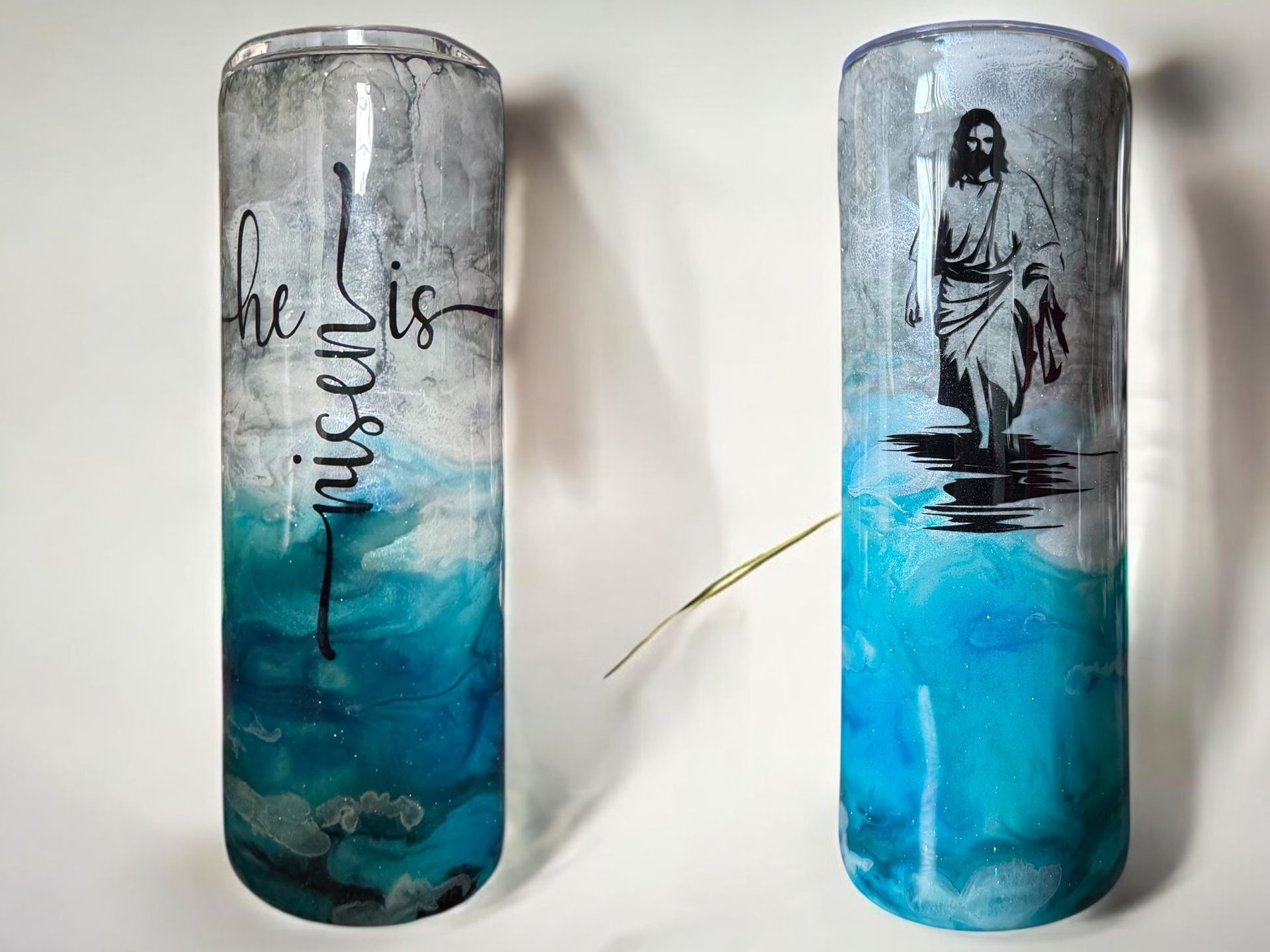 Two glittery tumblers; one says 